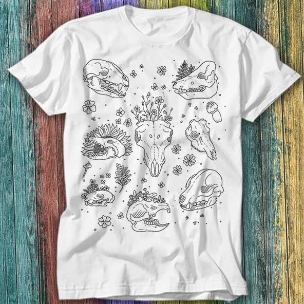 

Animal Skull Name List Pattern Shadow Black White T Shirt Top Tee 559 3XL