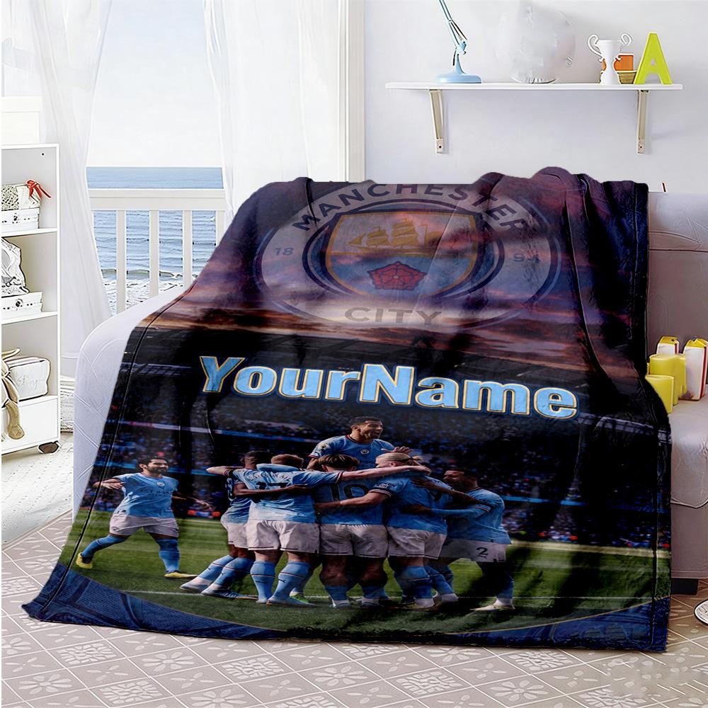 Manchester City Personalized Name Blanket Lightweight Personalized Blanket Comfortable Versatile for Picnics Nap Seaside Bedding Four Seasons Universa