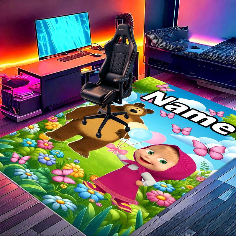 Custom Name Personalized Masha and The Bear Print Carpet, Versatile Home Decor Rug, for Playroom, Apartment, Balcony, Entryway, Hallway Gift