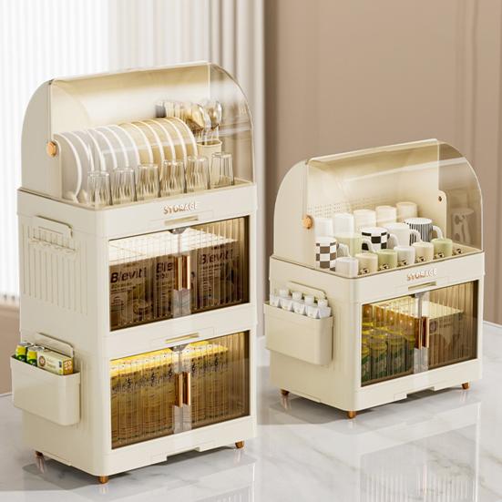 Stackable Tableware Storage Box Multi-Tier Dinnerware Organizer with Clear Lid Doors Hooks Dishes Plates Cups Storage Bins with Drainage Tray