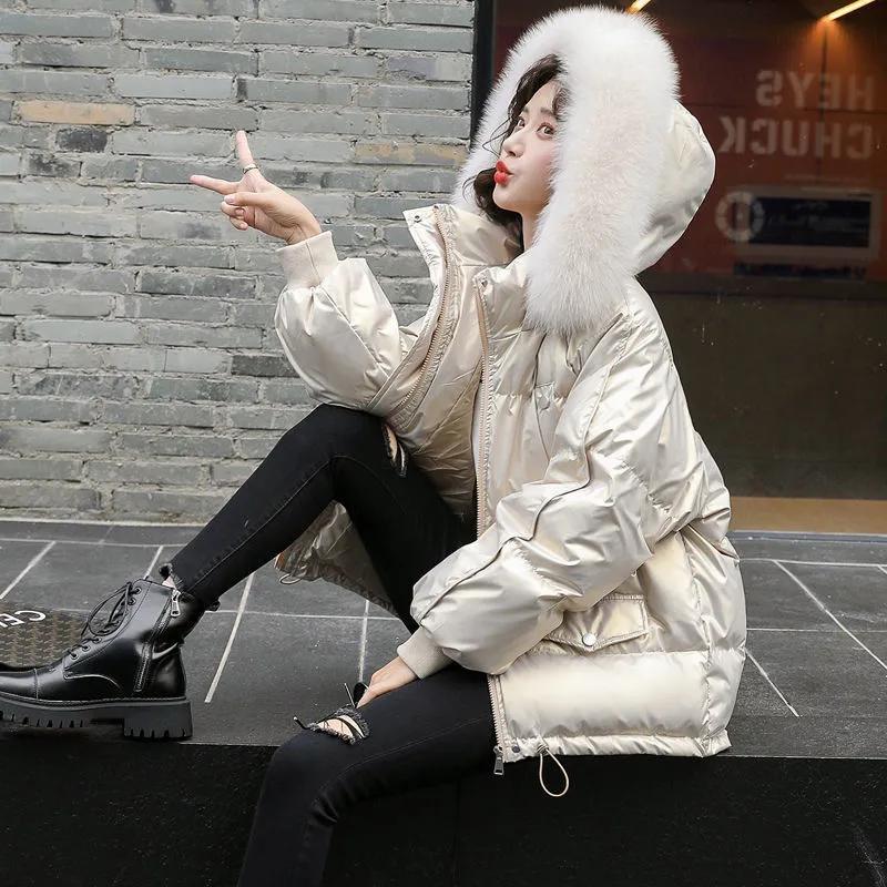 Women's Winter Warm Duck Down Jacket Clothes Glossy Fur Collar Thicken Parka Short Down Coat
