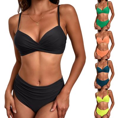 Women's Split Sexy High Waist Solid Colour Bikini Fashion With Bra Pads No Steel Support Swimsuit