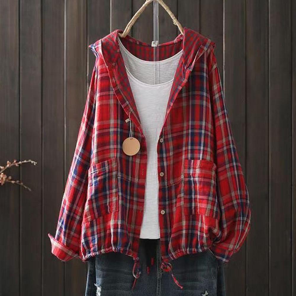 Women's Hooded Double-layer Cotton Yarn Plaid Shirt   Literary Retro Casual Cardigan Top Jacket