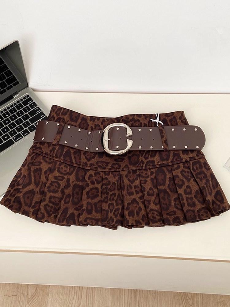 Women's High-Waist Leopard Print A-Line Mini Skirt - Retro Spicy Girl Style, Autumn/Winter, Slimming, Anti-exposure Pleats