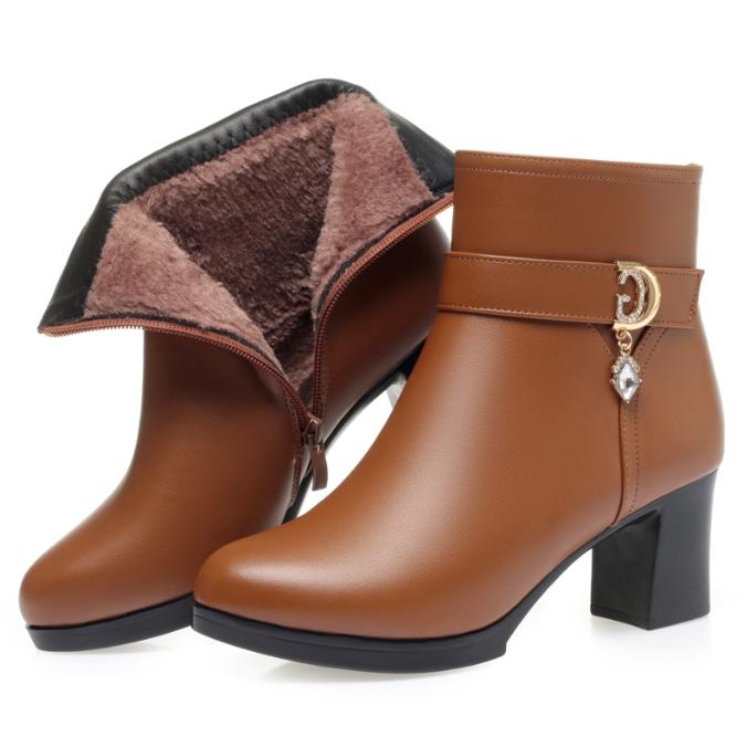 Mode Elegante Frau Block Hohe Absätze Schuhe Weiblicher Trend Winter Wolle Kurze Stiefel Weiches Leder Warme Fell Stiefeletten für Büro Mama