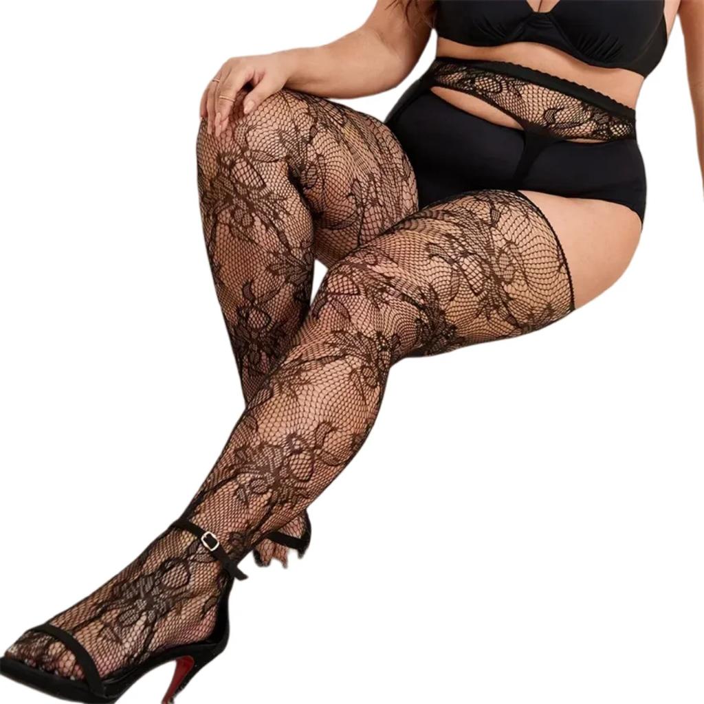 Oversized Women Hollow Black Fishnet Pantyhose Plus Size Knee Thigh High Sheer Sexy Lace Stockings Lingerie Socks Tights 5Xxxxxl