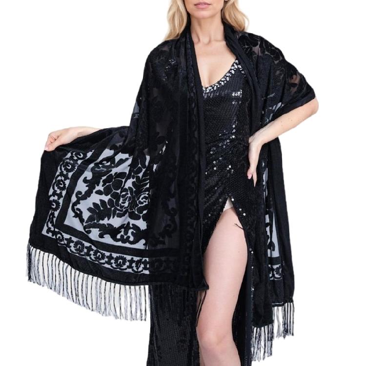 

Women s Shawl Cheongsam Fringed Shoulder Wrap Traditional Chinese Neckerchief Scarf for Air Conditioning Rooms чорний