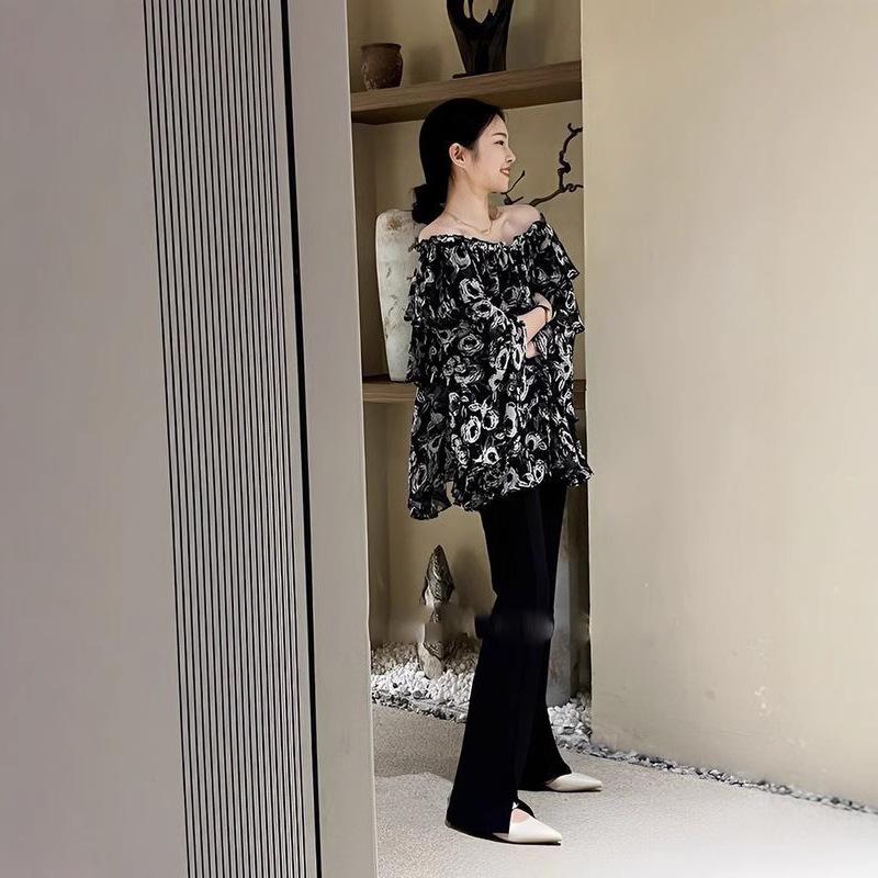

French High-End Black Off-The-Shoulder Print Long-Sleeve Shirt for Women M for ~105 lbs