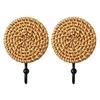 Decorative Wall Hangers, Set of 2 with Round Textured Faces, Solid Wood Bases and Black Metal Arms for Towels, Robes, Bags, Hats and Keys