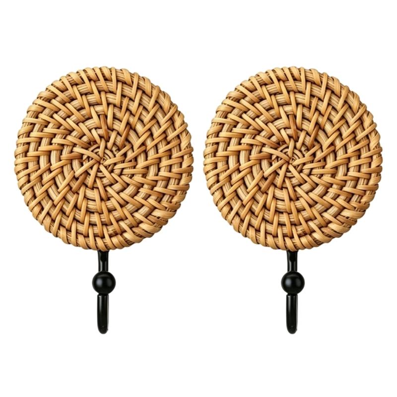 Decorative Wall Hangers, Set of 2 with Round Textured Faces, Solid Wood Bases and Black Metal Arms for Towels, Robes, Bags, Hats and Keys