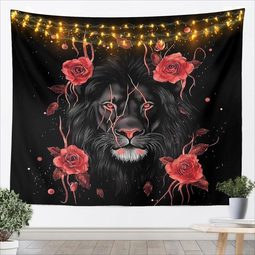 Red Rose And Lion Tapestry For Kids Boys Girls Large Black Lion Wall Art 3D Wild Animal Pattern Wall Hanging Blanket Romantic