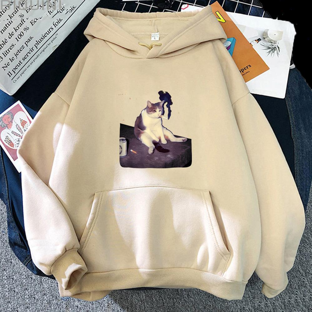 Funny Smoking Cat Meme Hoodies Cigarette Cat Cartoon Print Sweatshirt Cat Lover Unisex Pullover Stupid Brainrot Gift Streetwear Men women Anime jacket
