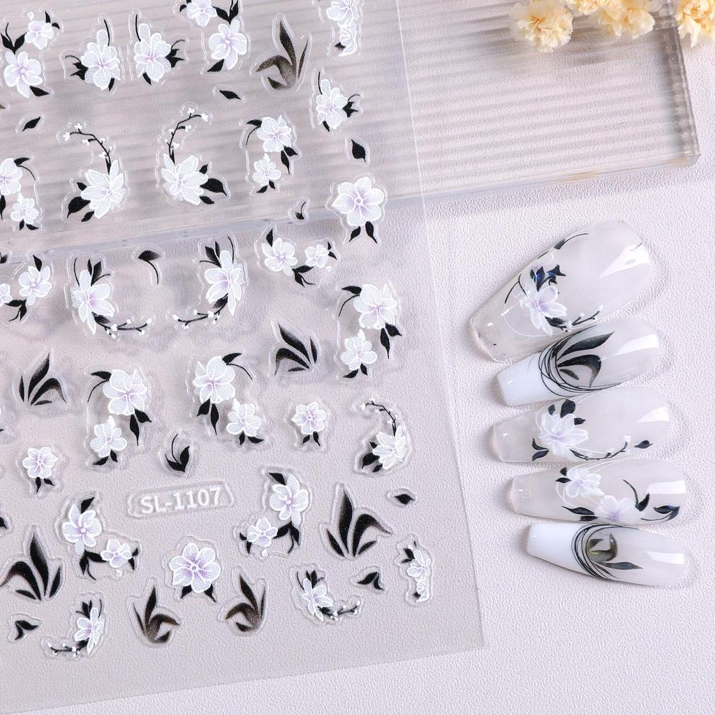 Aurora Bläck Blommiga 3D-Nagelklistermärken: Eleganta kinesiska stilreliefvita blomsterdekaler