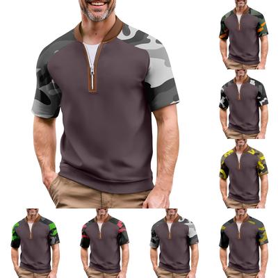 Męski Letni T-shirt w Kolorze Kamuflażu, Casualowy, Sportowy, Oddychający, z Kołnierzykiem na Zamek