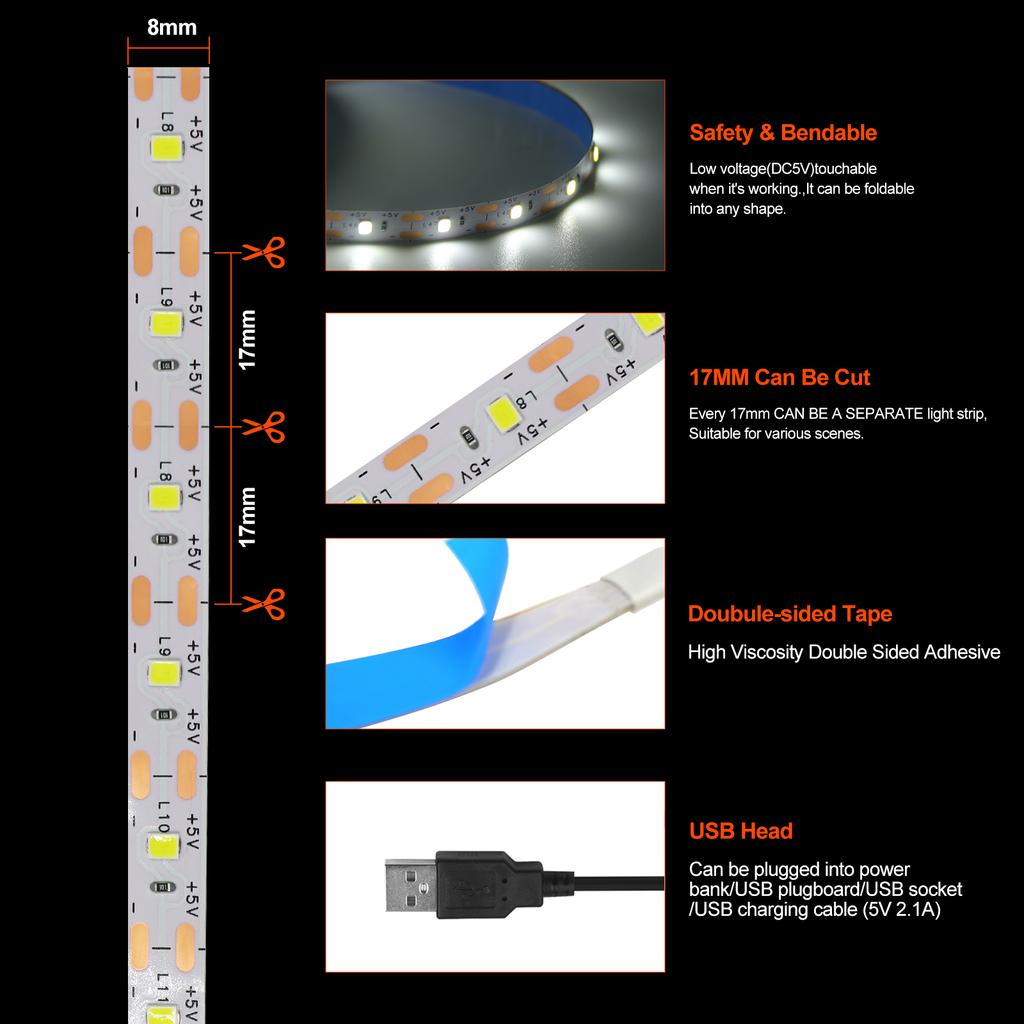 DC 5V USB LED Strips 2835 Warm Cold White LED Strip Light TV Backlight Lighting Tape for Room Decor 0.5m-5m LED String Light