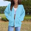 Women's Solid Color Long Sleeved Round Neck Plush Zipper Hooded Sweatshirt With Drawstring