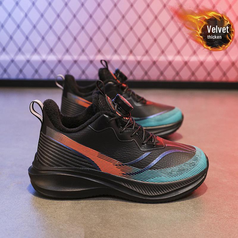 Boys' Winter 2025 Fleece-Lined Leather Running Shoes for Medium & Large Children, Warm Sports Cotton Shoes