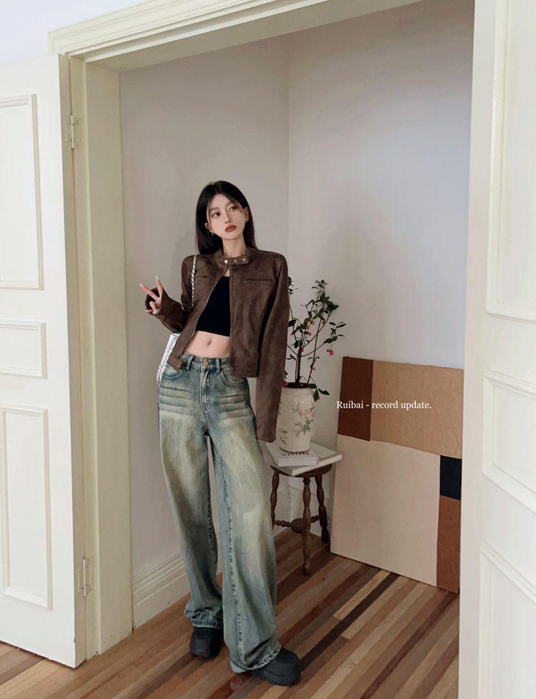 American Retro Distressed Coffee Brown PU Leather Short Jacket - Spring 2025 Hot Girl Stand Collar Versatile Design.