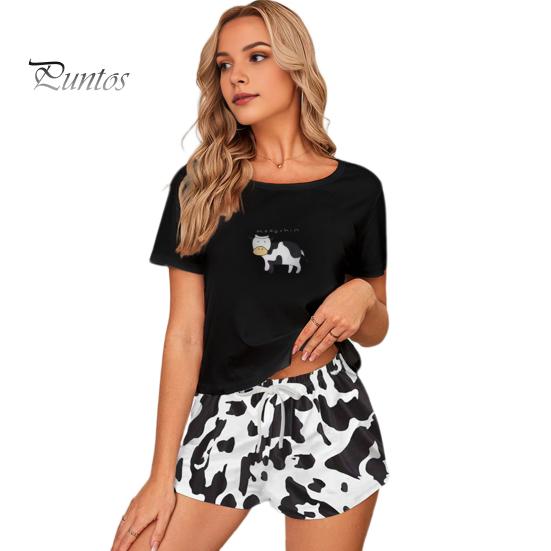 

Жіночий піжамний комплект із короткими рукавами та круглим вирізом, футболка з принтом із мультфільмом корови, шнурок, короткі штани з еластичною талією, домашній одяг, верхній комплект шортів Lady Summer S чорний