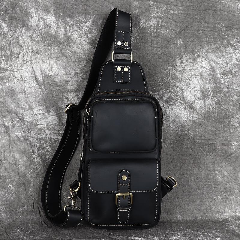 Crazy Horse Leather Men s Chest Bag, Genuine Leather Retro Casual Waist Bag, Top Layer Cowhide Crossbody Bag чёрный