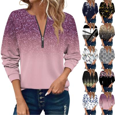 Women Casual Long Sleeve Basic Quarter Zipper Print Flowers Pullover Sweatshirts Casual Top Fall Clothes
