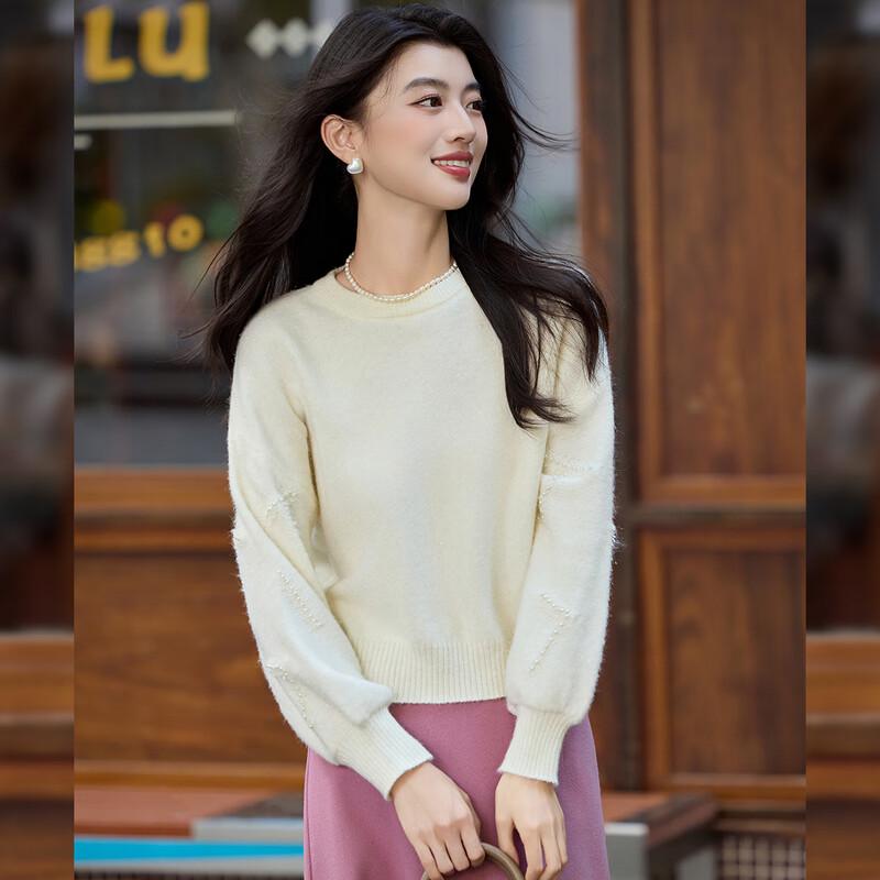 Bailuyu Elegant Beaded Round Neck Drop Shoulder Knit Sweater