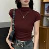 2025 Women's Slimming Korean Style Solid Color Half High Neck Short Sleeve T-shirt for Early Autumn