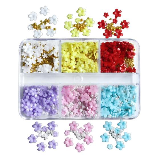 1 Box 3D Flower Nail Art Charm 6 Grids Resin Floral Charms Golden Beads DIY Nail Design Jewelry Crafts Manicure Decoration Accessories