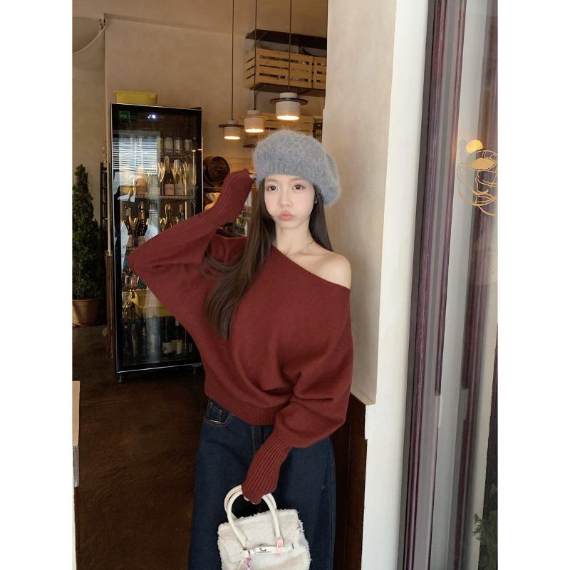 Pink gentle and sweet one-word neck slanted shoulder sweater loose bottoming shirt women's autumn and winter coat with top