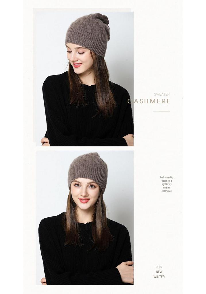 Women's 100% Pure Cashmere Cable Knit Hat - Thick, Warm, and Fashionable for Autumn and Winter