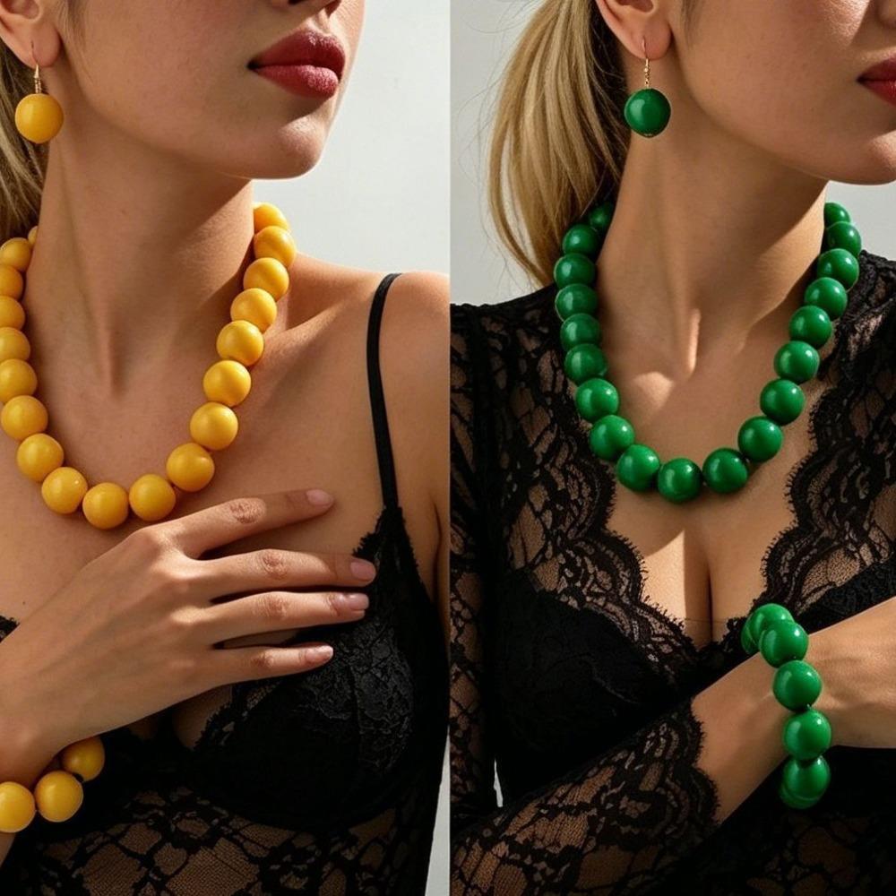 European and American Personality Exaggerated Design Round Bead Handmade Beaded Necklace Niche Retro Necklace Set Three-piece Set