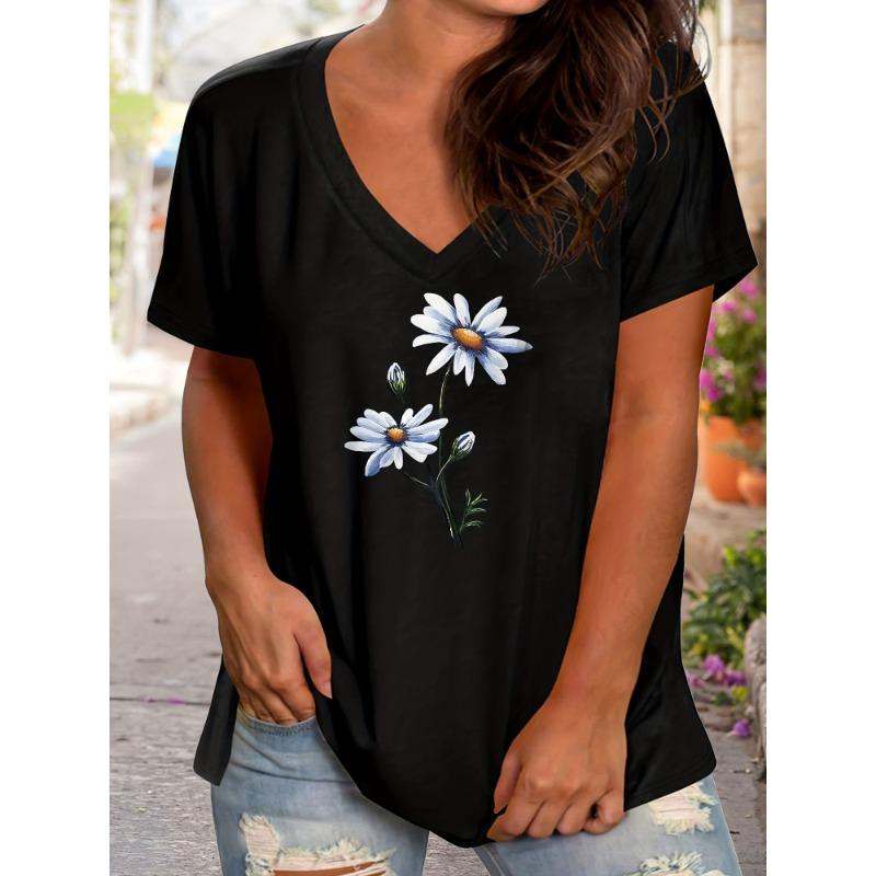 Übergröße Freizeit-T-Shirt Damen Übergröße Floral 3D-Druck V-Ausschnitt Kurzarm Grafik-Tee T-Shirts