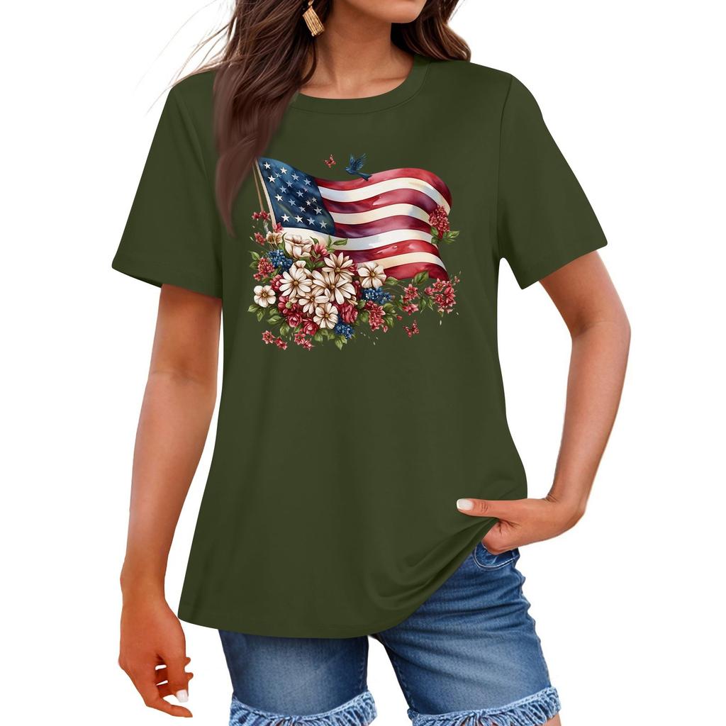 Women's Fashion Independence Day  Printed Round Neck Short Sleeved Casual T-shirt Top