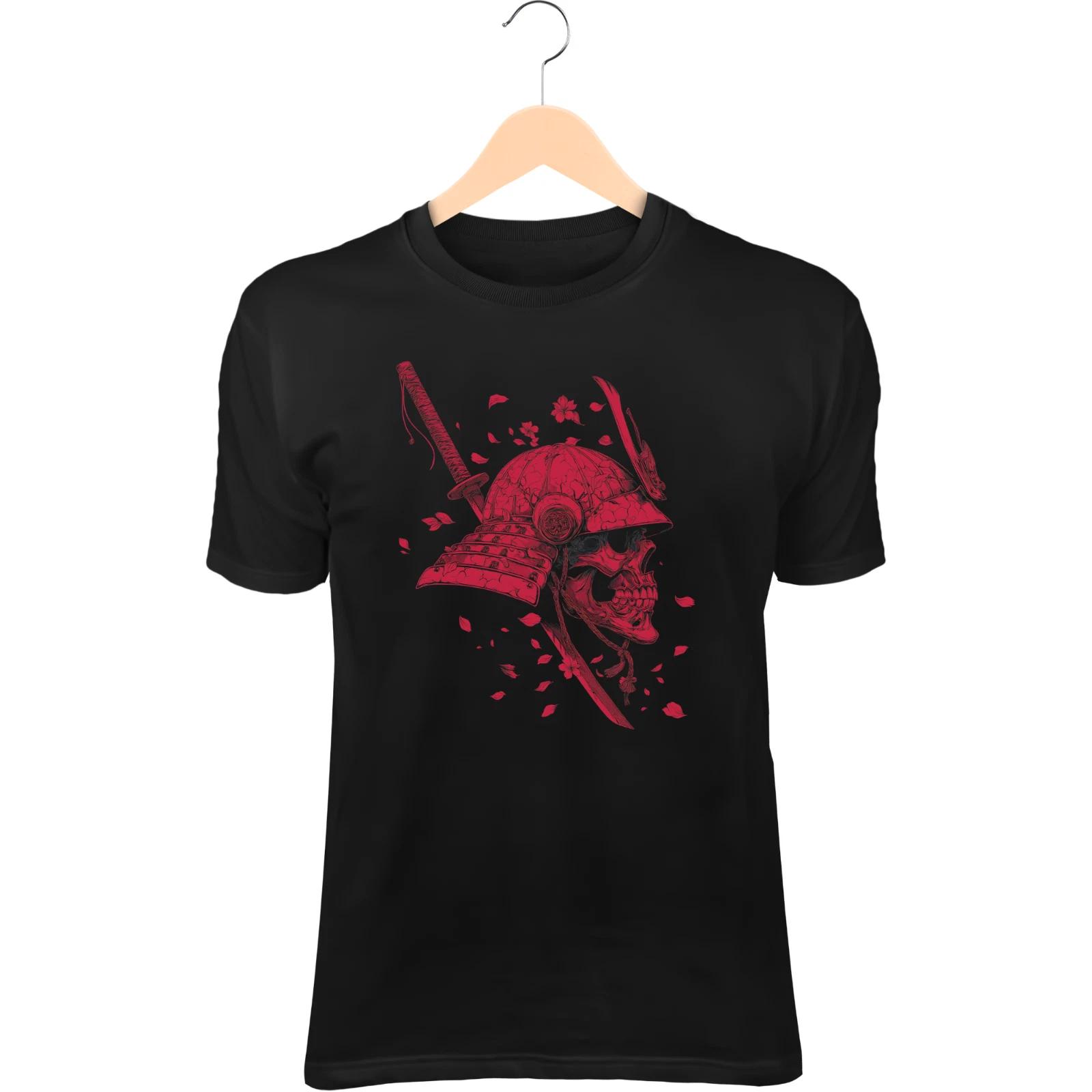 Skull Samurai II T-Shirt – Cracked Red Mask, Raised Katana, Warrior Spirit S