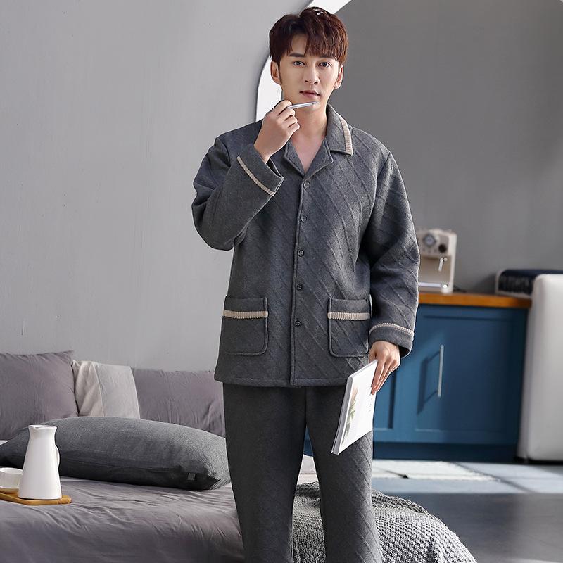 Pajamas Men'S Spring And Autumn Thickened Pure Cotton Long-Sleeved Loungewear Autumn And Winter Thin Padded Air Cotton Cotton Cotton Cotton
