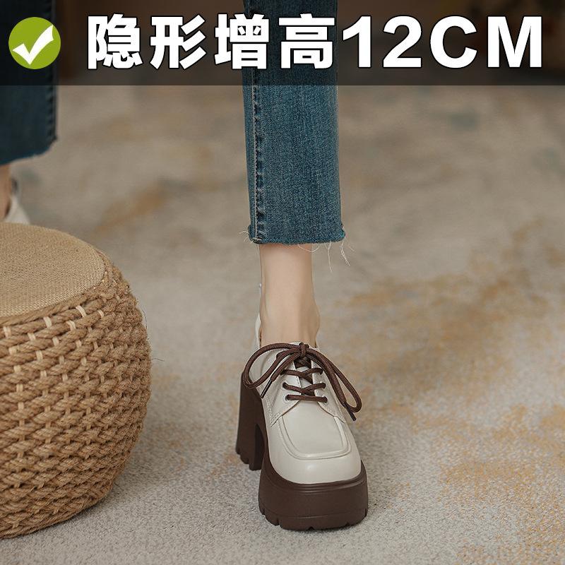 12Cm small inner height increase women's platform single shoes super high heel lace-up small leather shoes