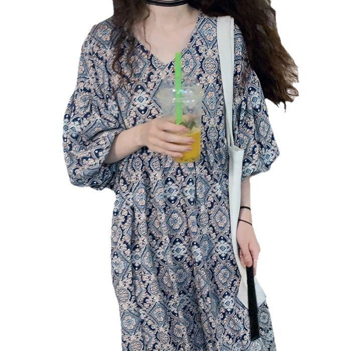 Summer Loose Retro Women's Floral Dress Lantern Sleeve V-neck Pleated Printed Women's Dress