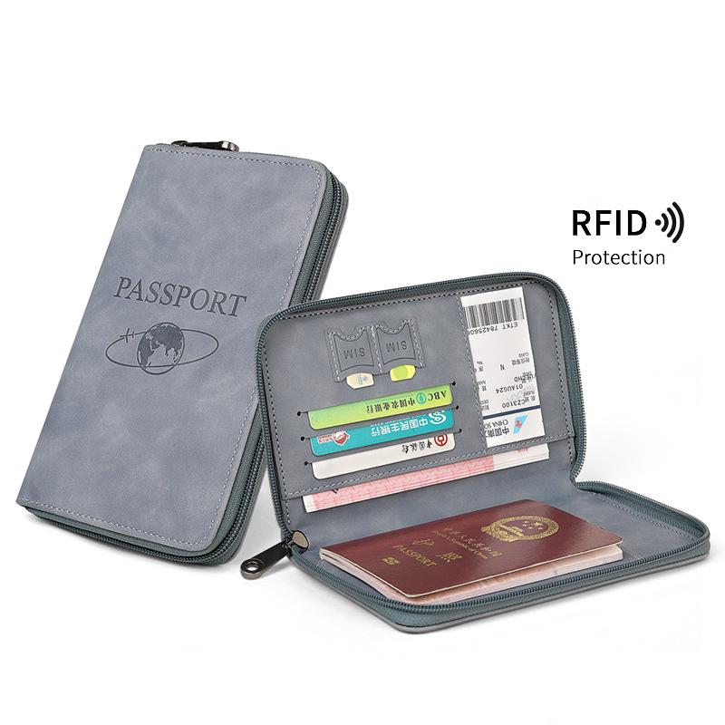 

RFID Blocking Passport Holder PU Leather Wallet Passport Cover Portable Multi-function Zipper Ticket Clamp Travel Accessories сірий
