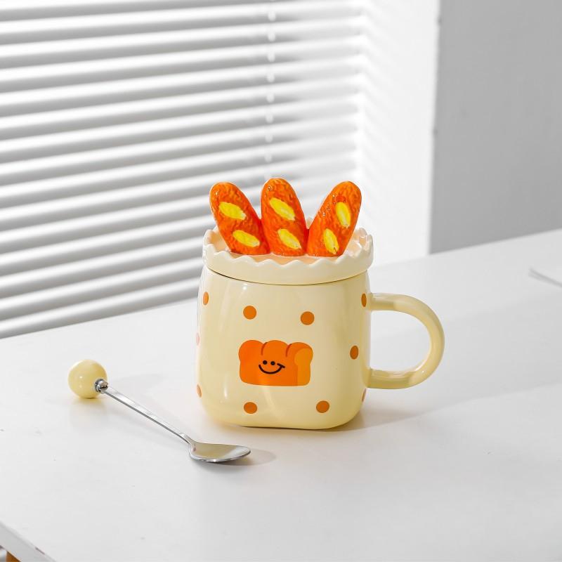 Japanese Creative Ceramic Mug Bread Bag Cup Couple Cup Water Cup with Lid Spoon Coffee Cup Breakfast Milk Cup