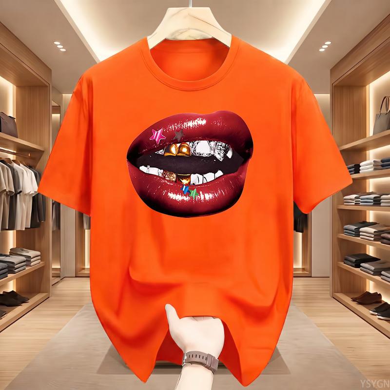 American Personalized Lip Pattern Pure Cotton Printed Unisexs And Unisexs Clothing Summer New Casual Loose Fashion Tshirt