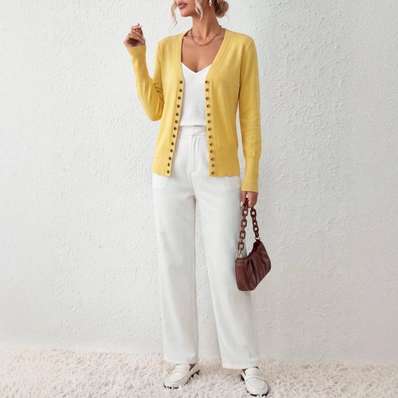 Women S Yellow V Neck Knit Cardigan Long Sleeve Slim Fit Sweater Coat