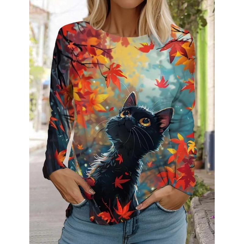 Spring and Autumn Round Neck Art Cute Cat Pattern 3D Printed Top Fashionable Casual Long Sleeved Women's T-shirts