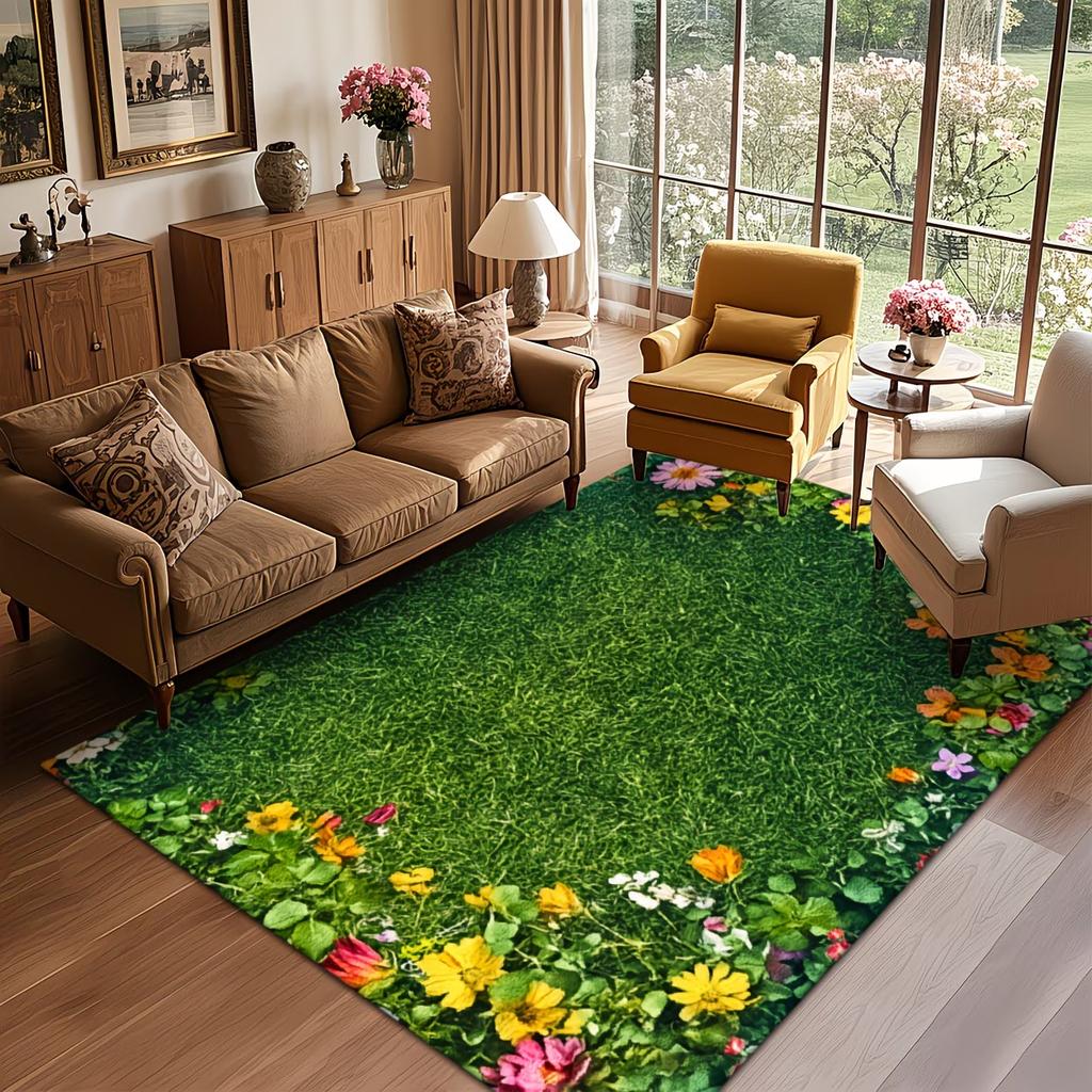 Alfombra de área de césped verde con flores 3D, alfombrilla de suelo suave antideslizante, alfombra de paisaje natural para sala de estar, dormitorio, decoración del hogar estilo jardín