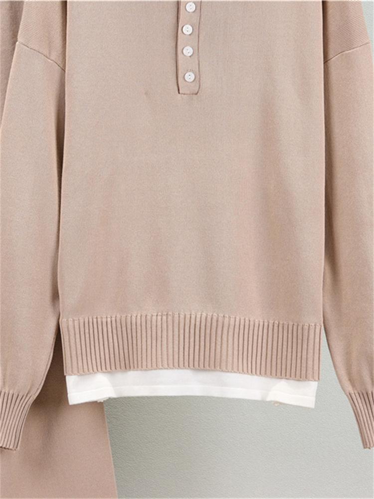 Female Autumn Loose Small Fragrant Style Fake Two-Piece Sweater Set Knitted Wide Leg Pants Two Piece Set