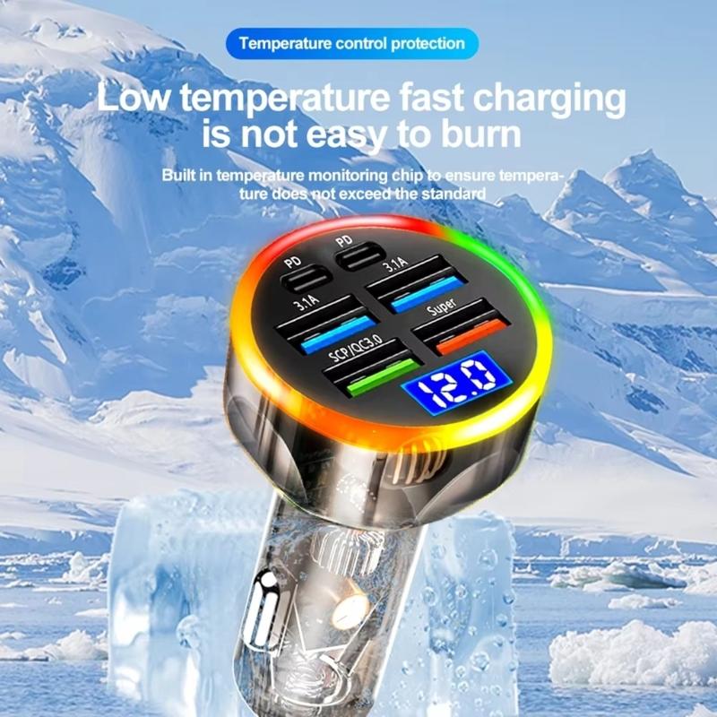 6 Port Car Chargers Digital Voltages Monitor Colorful LED Lighting For Quick Charging Multiple Devices 200W Charging Ada