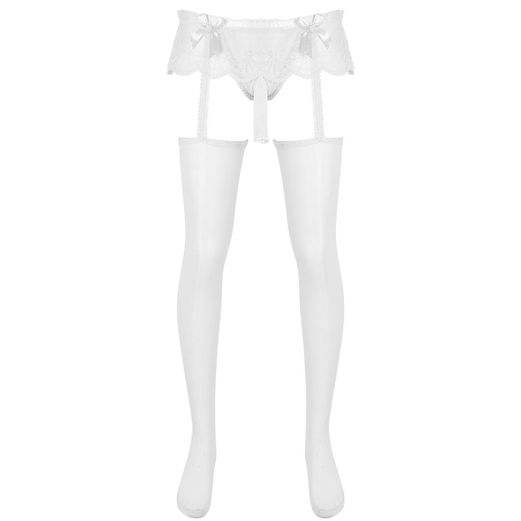 Pánské průsvitné krajkové kalhotky se sukýnkou, vykrojené, s vypouklou kapsou, G-string s lesklými podvazky