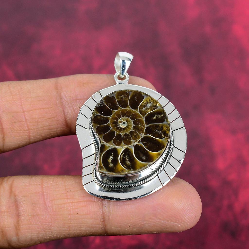 Ammonit Fossil 925 Sterling Silber Anhänger, handgefertigter Edelstein Schmuck Anhänger zum Gedenktag