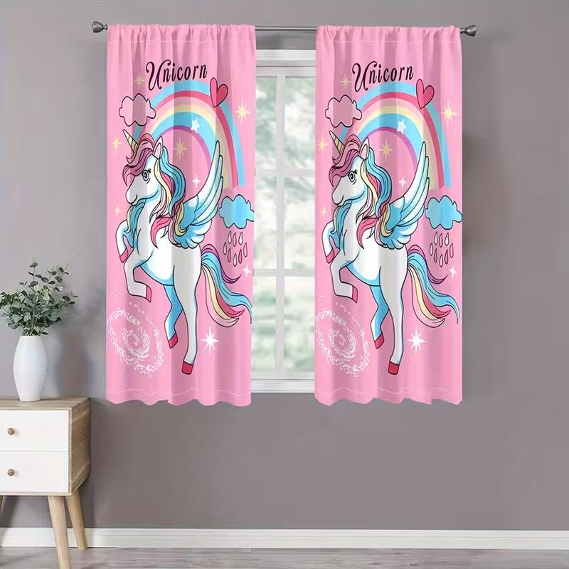 2PCS Rainbow Unicorn Curtain with Rod Bag Design for Privacy Protection   Suitable for Various Decorative Scenarios