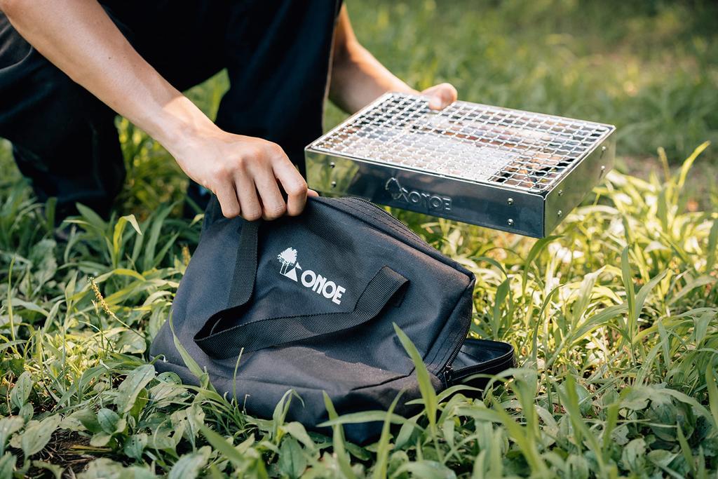 ONOE Faltbarer Feuergrill Kompakter Stahl Lagerfeuerständer Campingausrüstung Grillkocher Grill Solo BBQ Holzkohle FG-1827 [Edelstahlgrill]