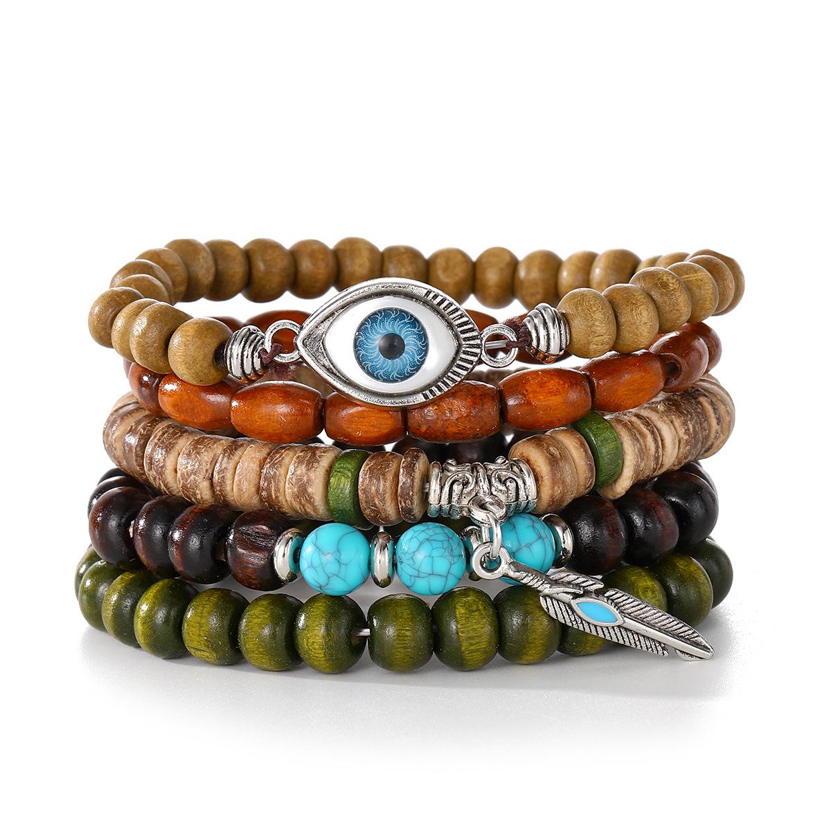 Мужской многослойный кожаный браслет с бирюзой в этническом стиле «Глаз Демона»